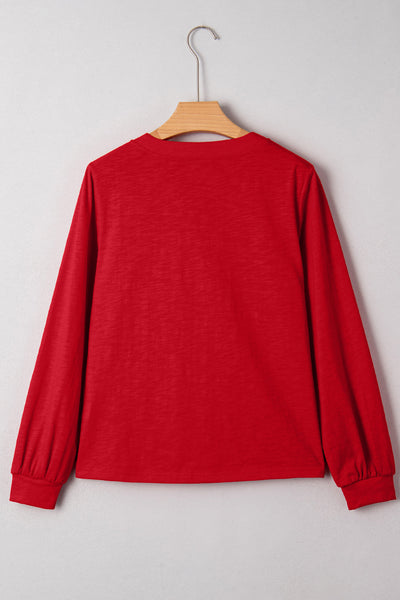 Women's Racing Red Button V-Neck Blouse with Relaxed Silhouette