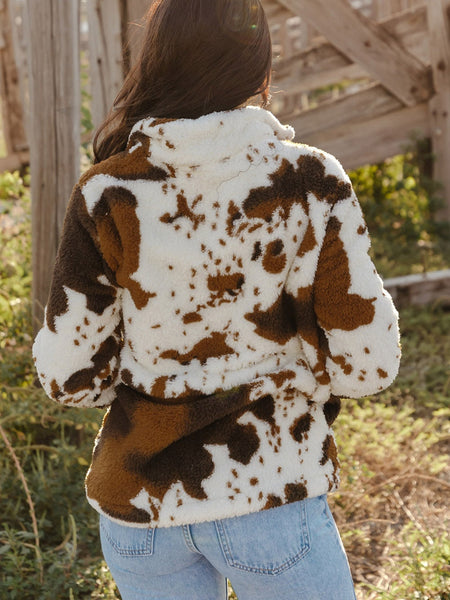 Women's Cow Print Zip Collar Fleece Sweatshirt