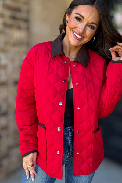 Cozy Women's Racing Red Quilted Color Block Winter Jacket with Snap Buttons and Pockets for Effortless Style