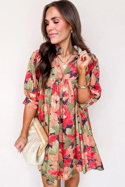 Women's Ruffled V-Neck Floral Babydoll Dress in Sage and Terracotta