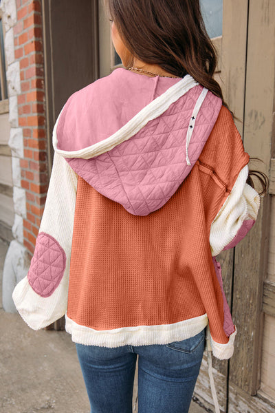 women's coral quilted hooded jacket - textured patchwork design, loose fit, easy and wearable outerwear made for easy styling and wardrobe with
