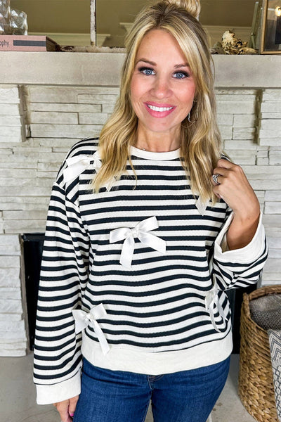 Trendy Women's Black Satin Stripe Sweatshirt with Ribbon Bow, Drop Shoulder for Effortless Casual Chic