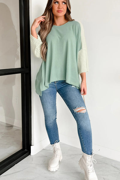 Women's Casual Aqua Striped Oversized Tee with Bracelet Sleeves & Stylish Patchwork Design for Effortless Everyday Wear