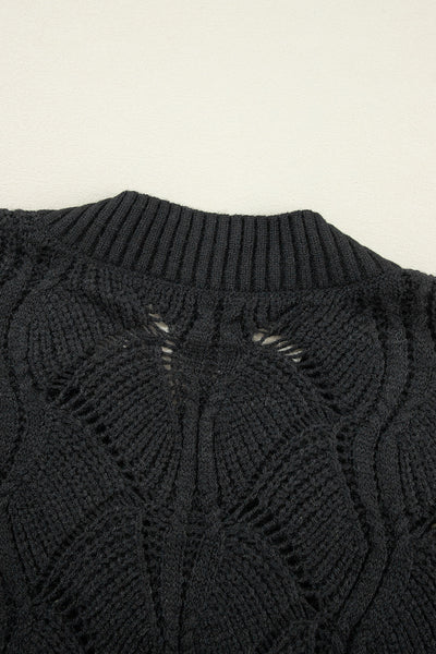 Elegant Women's Black V-Neck Sweater with Hollow Out Design and Drop Shoulders - Cozy Knit Top for Casual Style