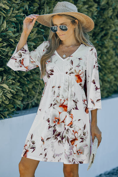 Printed Lace Up Lapel Waist Short Sleeved Midi Dress