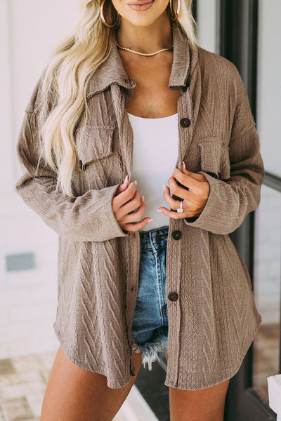 Oversized Khaki Textured Knit Shacket with Button Front