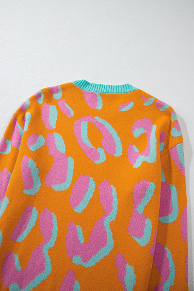 Women's Stylish Orange Leopard Colorblock Sweater - Cozy Knit Top with Ribbed Edges for Trendy Fall Fashion