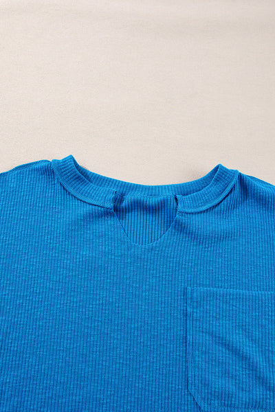 Women's Stylish Blue Ribbed Long Sleeve V-Neck Knit Top with Exposed Seams - Comfortable Everyday Essential