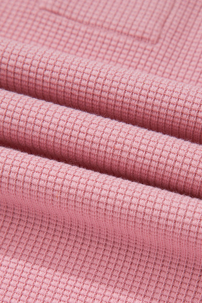 Chic Women's Pink Oversized Waffle Knit Top with Bishop Sleeves & Side Split for Effortless Casual Style