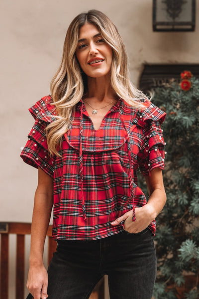 women's pearl-embellished red plaid ruffle sleeve blouse made for easy styling and wardrobe coordination, with premium-like structure and finish. with