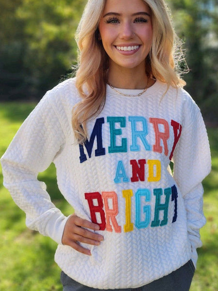 Cozy White Cable Knit Pullover with Merry and Bright Slogan