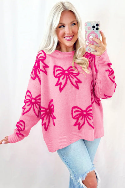 Women's Cozy Pink Bow Patterned Drop Shoulder Sweater - Relaxed Fit for Casual Comfort and Everyday Style