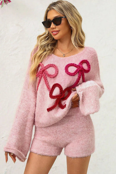 Cozy Women's Pink Baggy Sweater with Braided Bow Detail & Round Neck Stylish Knitwear for All Seasons