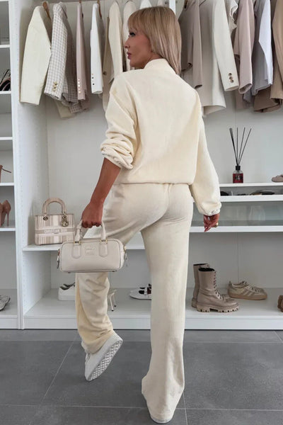 Chic Beige Corduroy 2-Piece Women's Set: Cozy Half Button Pullover & Comfortable Drawstring Pants for Effortless Style