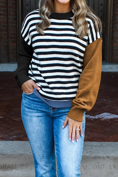 Trendy Women's Khaki Colorblock Sweater with Striped Sleeves for Stylish Fall Outfits and Cozy Comfort