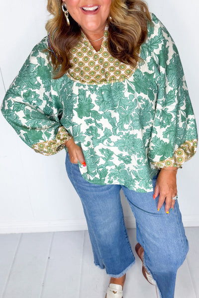 Chic Plus Size Women's Green Floral Patchwork Blouse with Notched Neck and Long Sleeves for Effortless Style