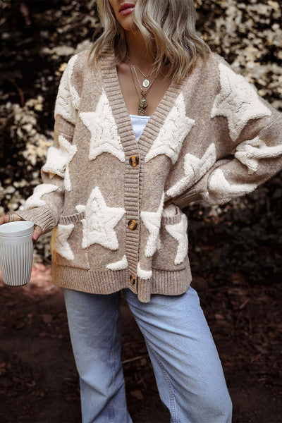 Chic Women's Khaki Sherpa Cardigan with Star Pattern & Pockets - Cozy Textured Sweater for Casual Style