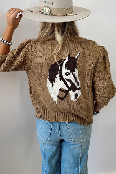 Cozy Women's Elmwood Cardigan with Puff Sleeves, Western Horse Print, Textured Knit, Perfect for Fall Layering