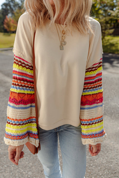 Beige Women's Casual Chic Round Neck Knit Top with Colorful Patchwork and Stylish Sleeves for Effortless Style