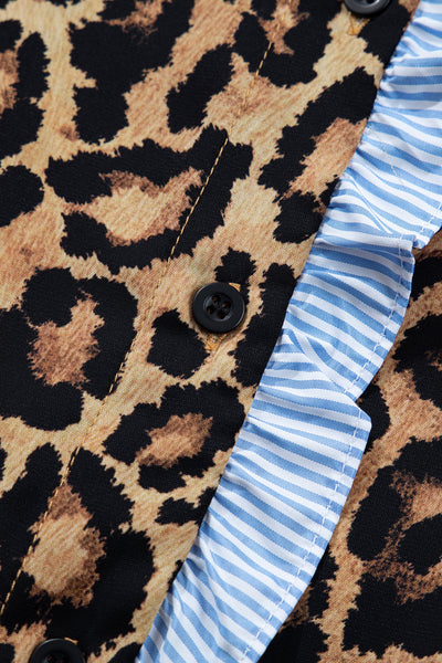 Women's Leopard Print Ruffle Blouse with Striped Contrast