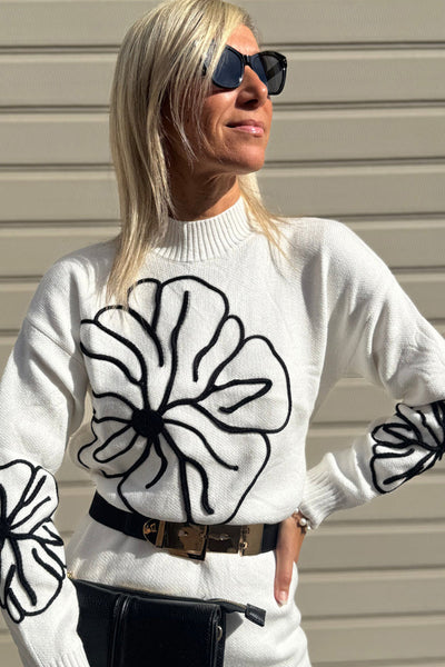 Chic Women's White Floral Embroidered Mini Dress with Mock Neck - Perfect Sweater Style for Spring & Summer Outings