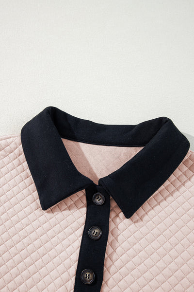 Cozy Women's Oatmeal Colorblock Sweatshirt with Buttoned Collar - Chic Fall Top for Effortless Casual Style