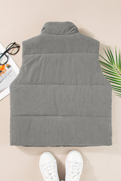 Women's Sage Gray Corduroy Puffer Vest with Stand Collar