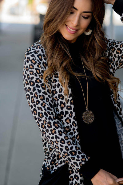 Cozy Women's Black Leopard Print Cardigan with Pockets - Chic Open Front Layering Piece for Effortless Style