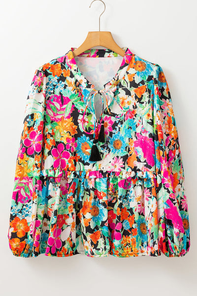 Chic Women's Multicolor Floral Ruffled Blouse with Bubble Sleeves and V-Neck for Effortless Everyday Style