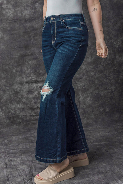 Trendy Women's Real Teal High Rise Ripped Bell Bottom Jeans - Vintage Style for a Flattering, Chic Fit