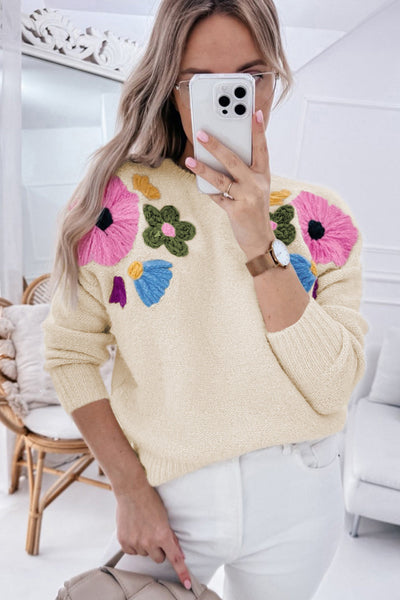 Cozy Women's Beige Knitted Floral Sweater with Ribbed Edges for Chic Autumn Style and Comfortable Fit