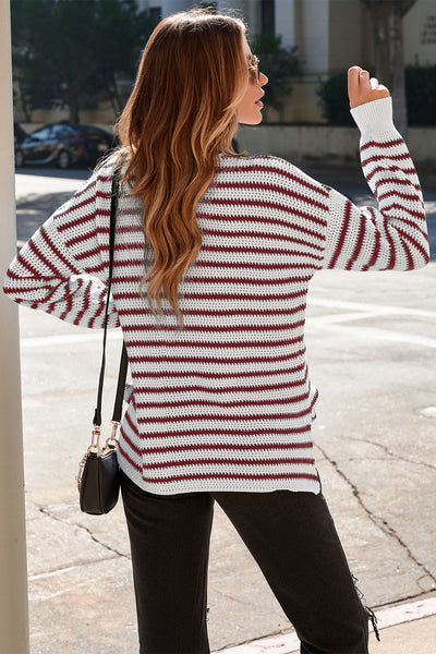 Women's Red Striped Knit Crewneck Sweater with Split Hem