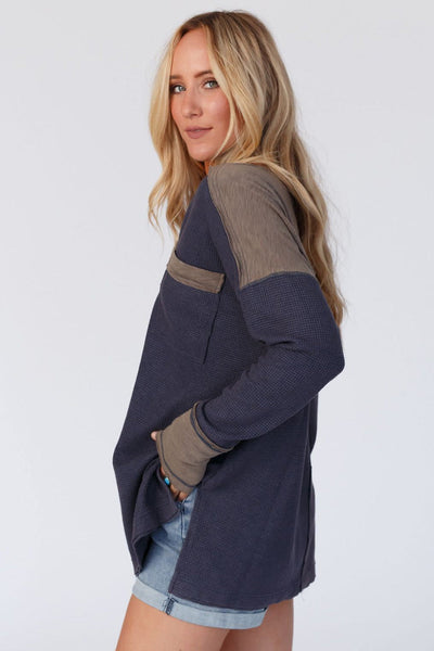 Cozy Women's Dark Blue Thermal Top with Contrast Trim & Half Button Detail - Perfect Stylish Fit for Year-Round Wear