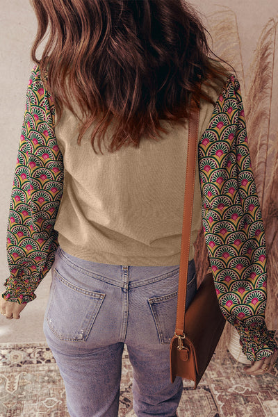 Women's Apricot Floral Patchwork Sweater with Shirred Cuffs and Puff Sleeves - Stylish and Cozy Knit Top