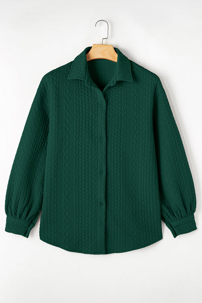 Women's Blackish Green Cable Knit Puff Sleeve Shacket