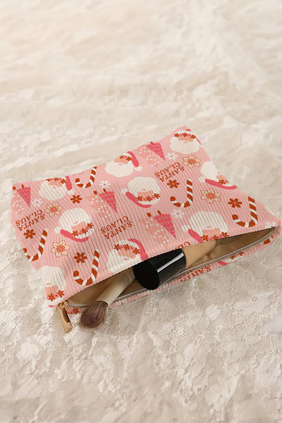 Women's Pink Ribbed Santa Claus Christmas Cosmetic Pouch