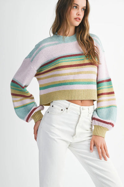 Cozy Women's Multicolor Striped Cropped Baggy Sweater with Ribbed Trim - Perfect Knit Top for Casual Chic Style
