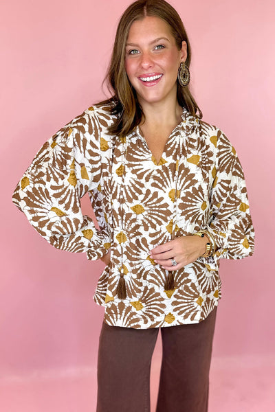 Women's Khaki Floral Print Long Sleeve Blouse with Tassel Tie Neck - Stylish and Comfortable for Every Occasion