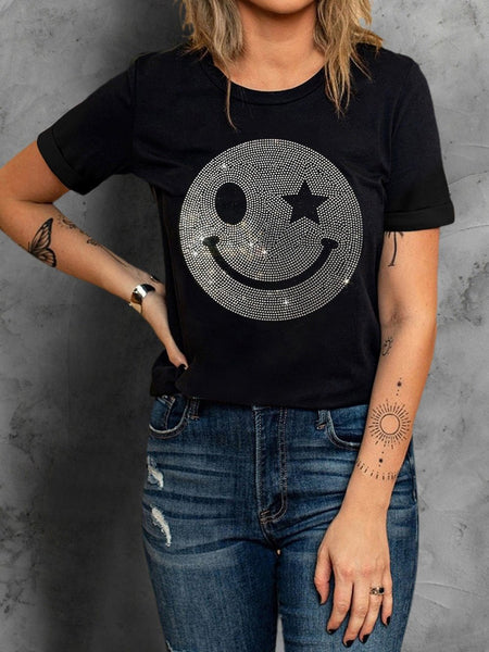 Sparkling Black Rhinestone Smile Face Sequin Graphic Tee