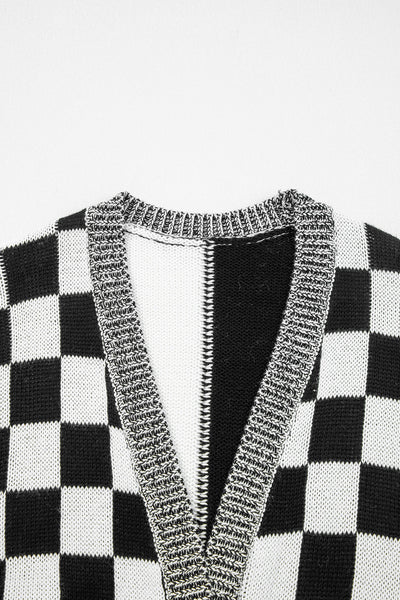 Stylish Women's Oversized Black Checkered Cardigan - Cozy Knit Sweater for Fall Fashion and Casual Everyday Wear