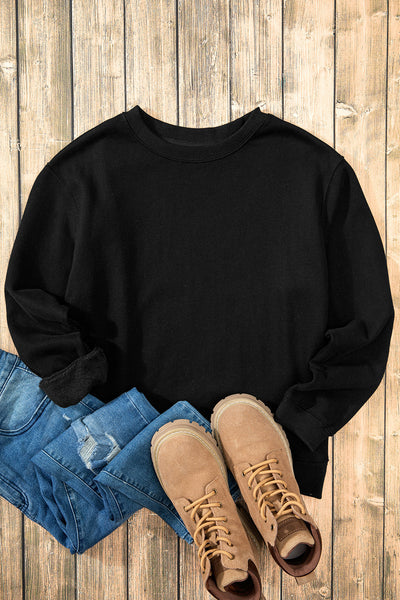 Women's Cozy Black Fleece-Lined Drop Shoulder Sweatshirt - Relaxed Fit Terry Fabric for Ultimate Comfort and Style