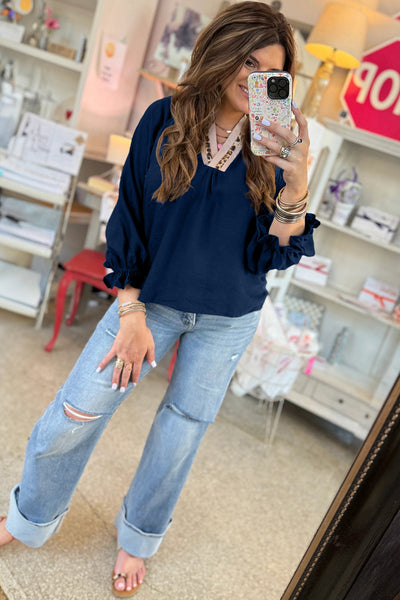 Women's Midnight Blue Leopard Trim V-Neck Flounce Sleeve Blouse