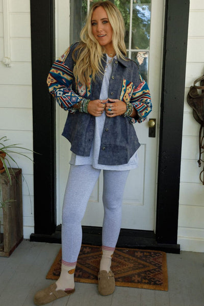 Stylish Women's Dirty Blue Aztec Print Corduroy Shacket - Cozy Button-Down Overshirt for Effortless Layering