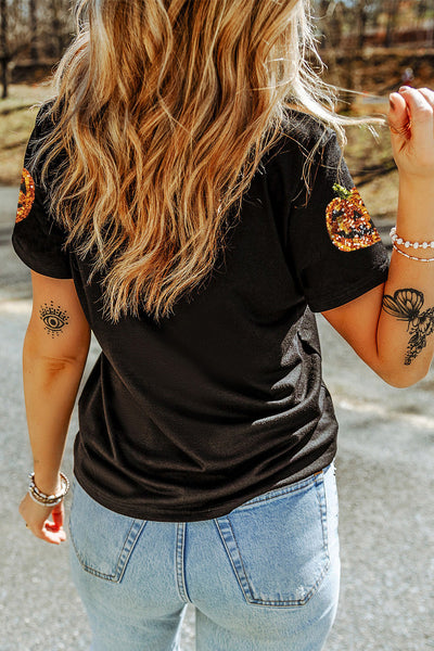 Women's Black Sequin Pumpkin Face Halloween T-Shirt - Fun, Festive, and Comfortable Casual Fit for Spooky Season
