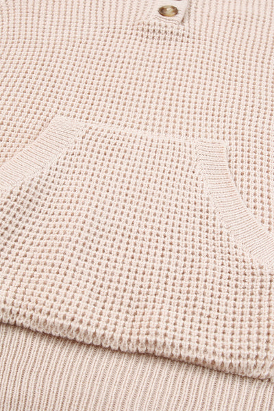 Apricot Hooded Waffle Knit Sweater with Button-Up Front Pocket