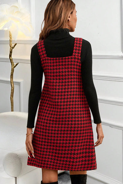 Women's Red Houndstooth V-Neck Shift Mini Dress
