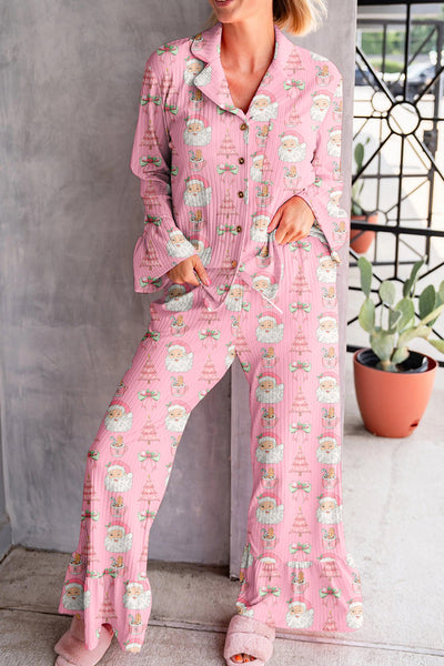 Cozy Women's Pink Ruffled Christmas Pajama Set - Festive 2-Piece Ribbed PJs for Comfortable Holiday Nights