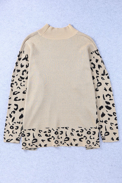 Trendy Women's Oversized Khaki Leopard Print Sweater with High Neck and Side Slits for Cozy Style made for easy styling and wardrobe coordination,