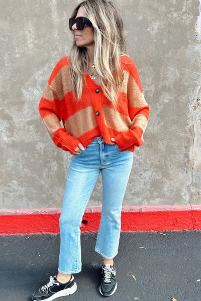 Women's Stylish Orange Color Block Cardigan - V-Neck, Button Closure, Loose Fit for Cozy Layering and Everyday Wear