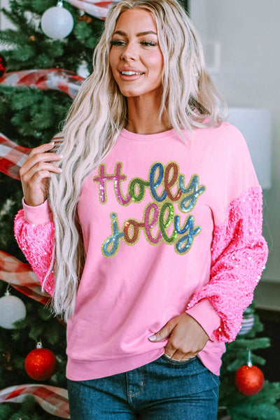 Women's Holly Jolly Pink Sequin Sleeve Holiday Sweatshirt